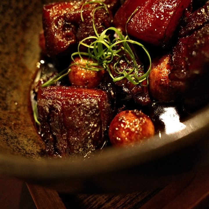 a close up of food in a bowl on a table