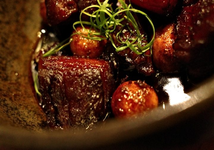 a close up of food in a bowl on a table